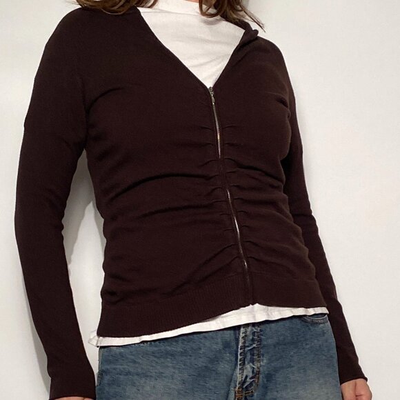 Vintage Brown Y2K PERFECT BASIC Scrunchy Ruched Zip Up HOODIE Cardigan! M to L - Picture 10 of 14